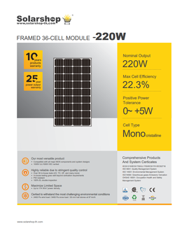 แผงโซล่าเซลล์ 220W Mono Solarshop