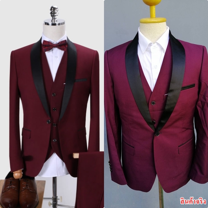 สูททักซิโด รุ่นปกดำ พร้อมส่ง L แดงไวน์,เทา,แดง