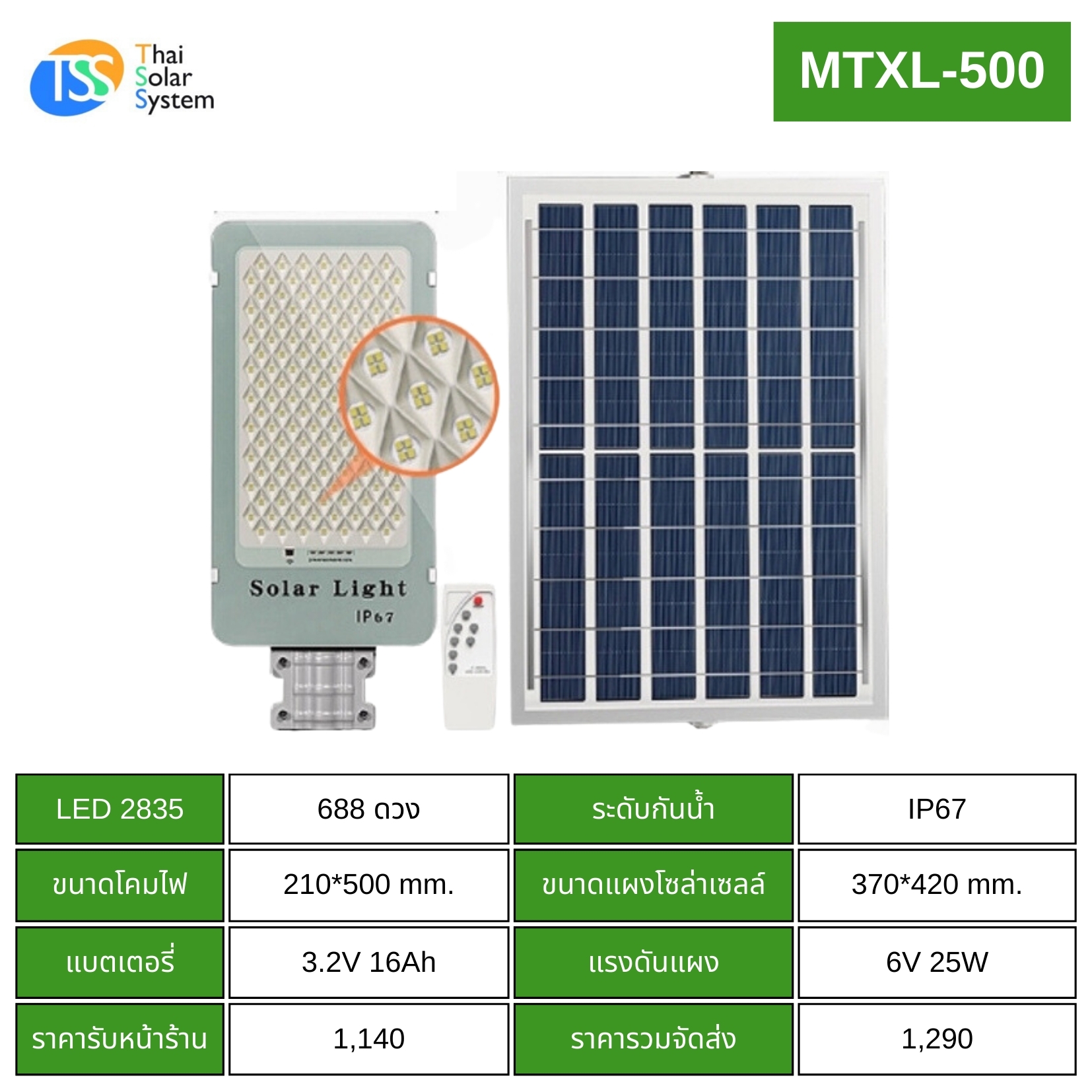 โคมไฟถนนโซล่าเซลล์ MTXL-500