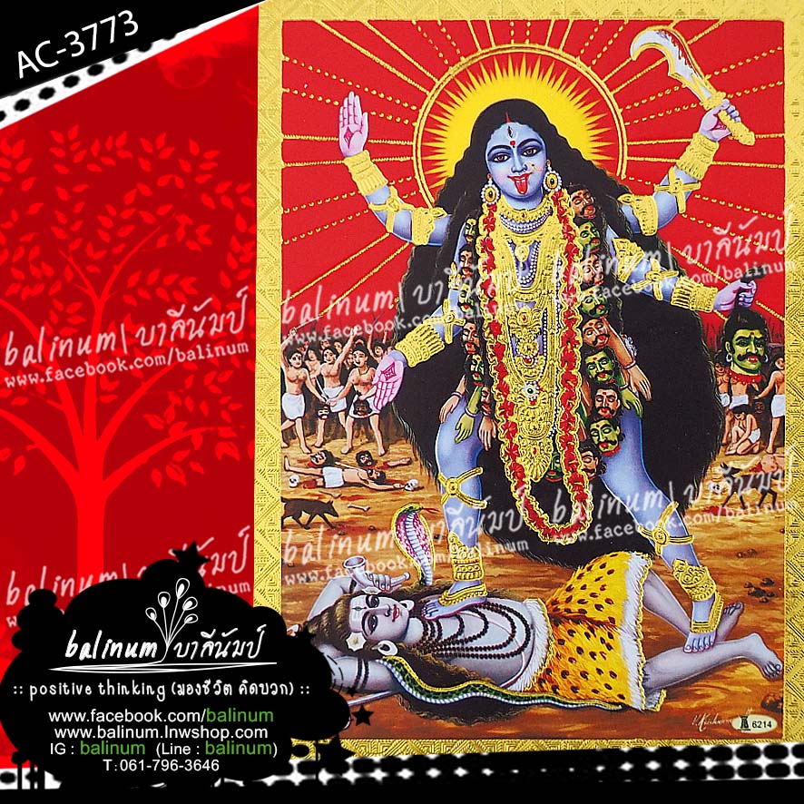 รูปภาพบูชา พระแม่กาลี (Kali) งานอินเดีย ภาพมัน 4 สี ขอบทอง สวยงามมากค่ะ แดง (Red)