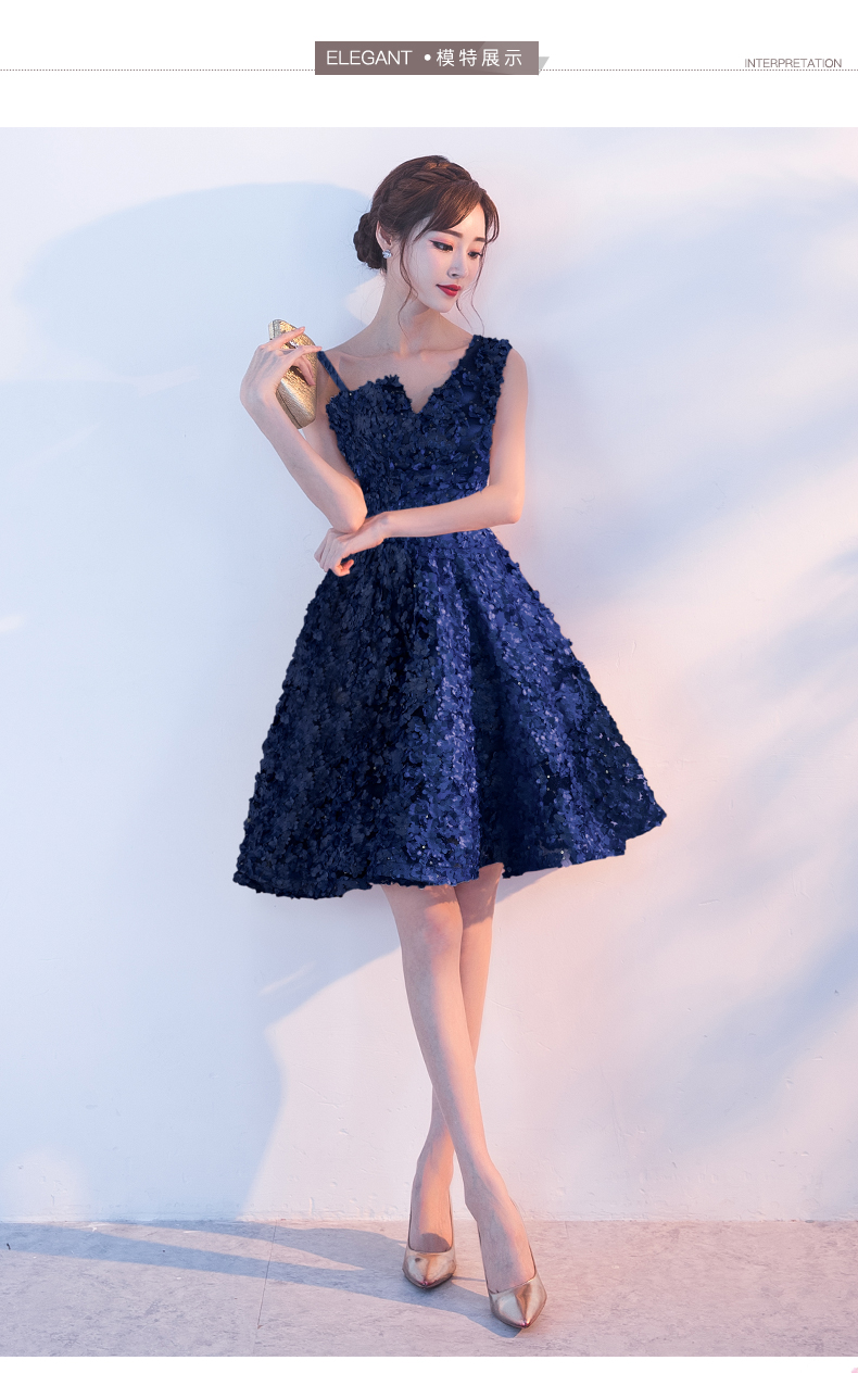 ชุดราตรีสั้น ไหล่เดี่ยว สีกรมท่า(Navy Blue) Size XL ผ้าดอกลอย ซิปหลัง