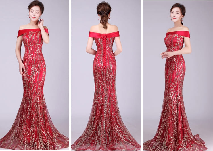 ชุดราตรียาว ไหล่ปาด สีแดง Size S-M ผ้ากลิตเตอร์ ทรงหางปลา งานร้อยหลัง