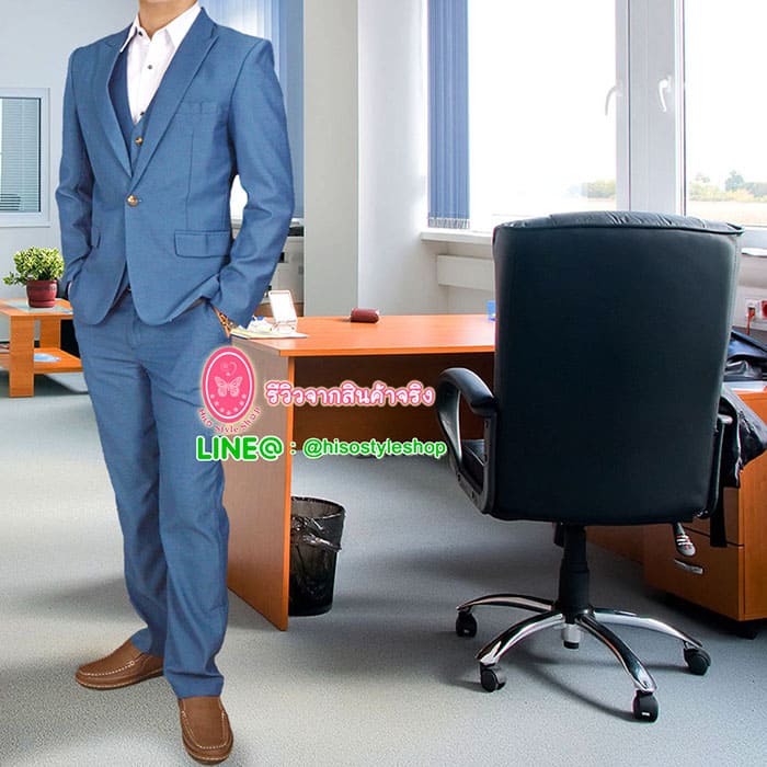 สูท,ชุดสูทเจ้าบ่าว,สูทผู้ชาย,กั๊ก สีน้ำเงิน(อมฟ้า)+เสื้อกั๊ก พร้อมส่ง L