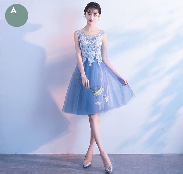 เดรสสั้น แขนกุด สีฟ้า ลุกไม้สีขาว กระโปรงผ้าตาข่ายนิ่ม งานร้อยหลัง พร้อมส่ง M,L,XL