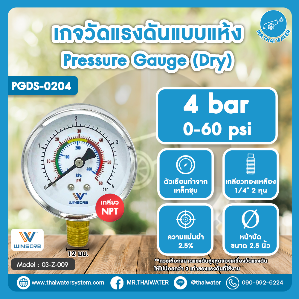 03-Z-009 เกจวัดแรงดันแบบแห้ง 4 บาร์ 0–60 psi