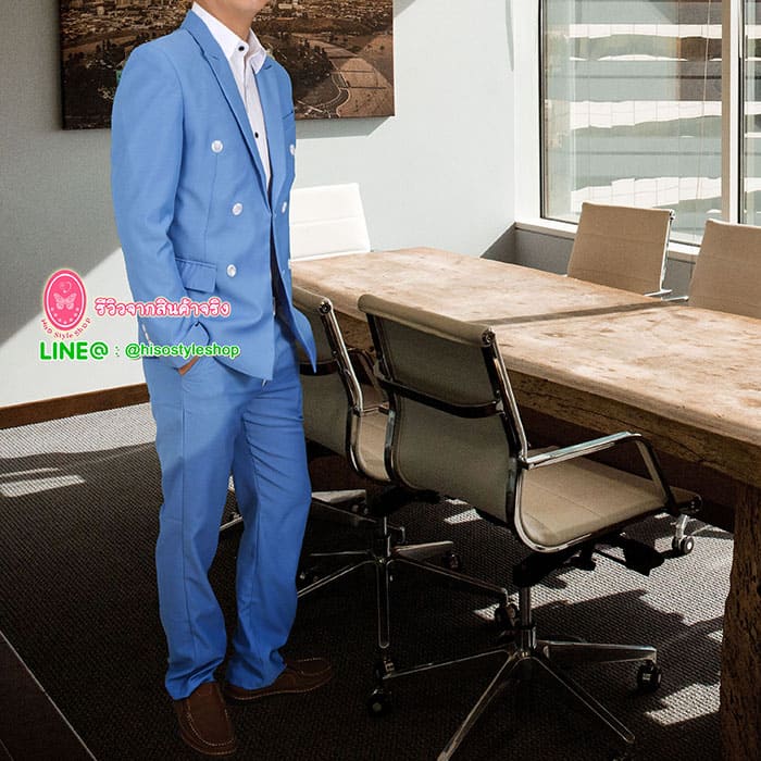สูท,ชุดสูทเจ้าบ่าว,สูทผู้ชาย สีฟ้า กระดุม 6 เม็ด พร้อมส่ง S,M,L