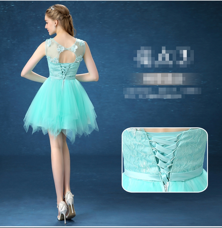 ชุดราตรีสั้น แขนกุด สีเขียวมินต์ *Size L* แต่งดอกลอย โบว์เอว ผ้าตาข่ายนิ่ม ซับในทั้งชุด งานร้อยหลัง