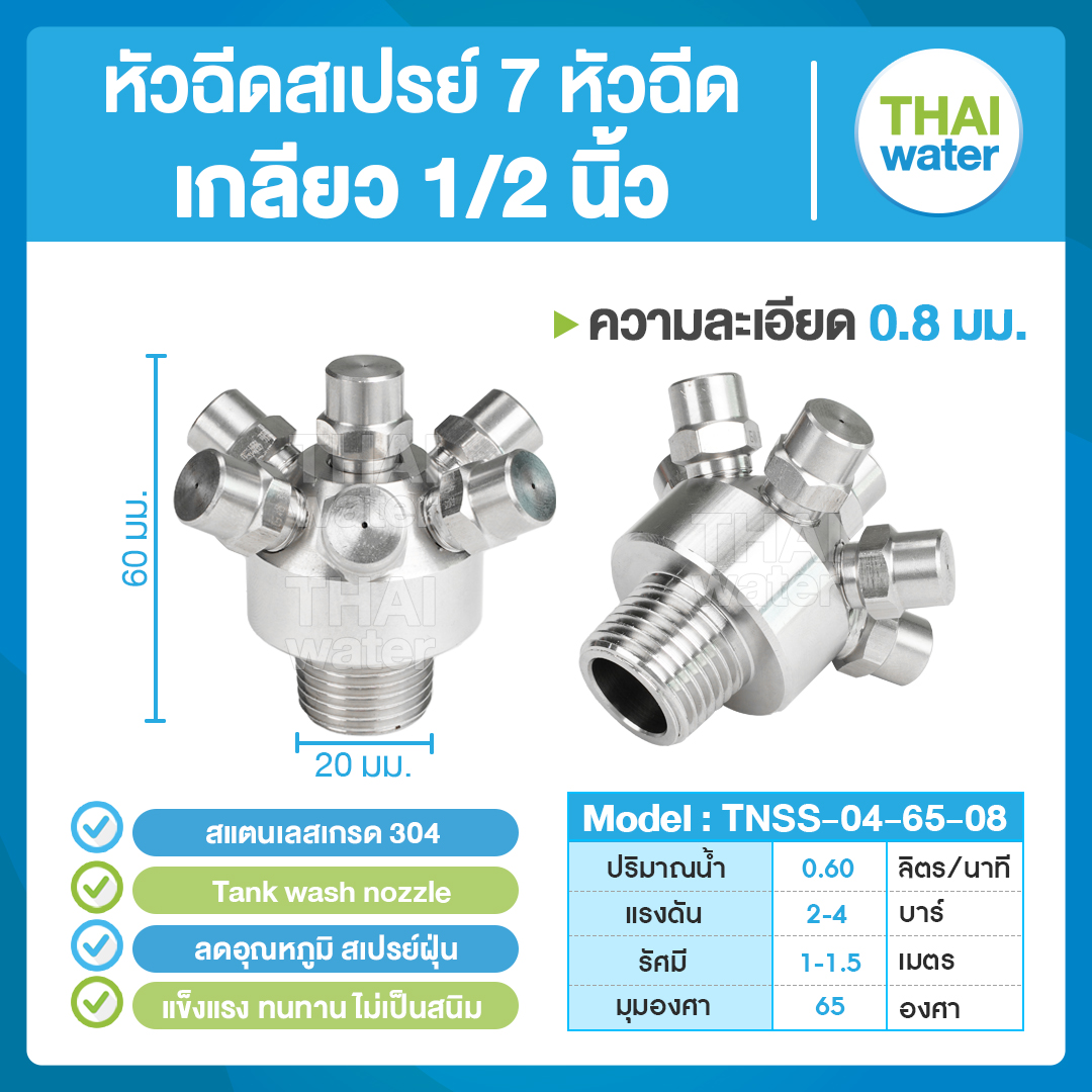 04-TNSS-04-6508 หัวฉีดสเปรย์ 7 หัวฉีด สแตนเลส เกรด 304 เกลียว 1/2'' 0.8 มม. 65 องศา tank wash nozzle