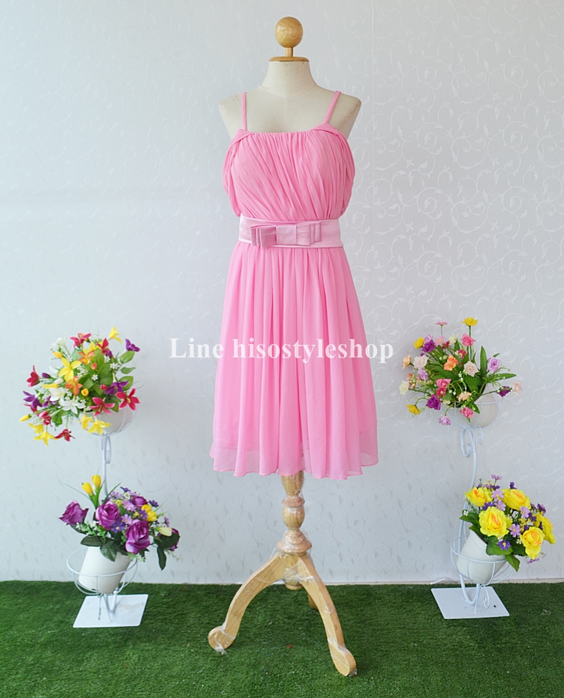 พร้อมส่ง Size 6XL ชุดราตรีสั้น **สามารถใส่ได้7แบบ** ผ้าชีฟอง แต่งโบว์เข็มกลัดหัวใจที่เอว ซิปหลัง