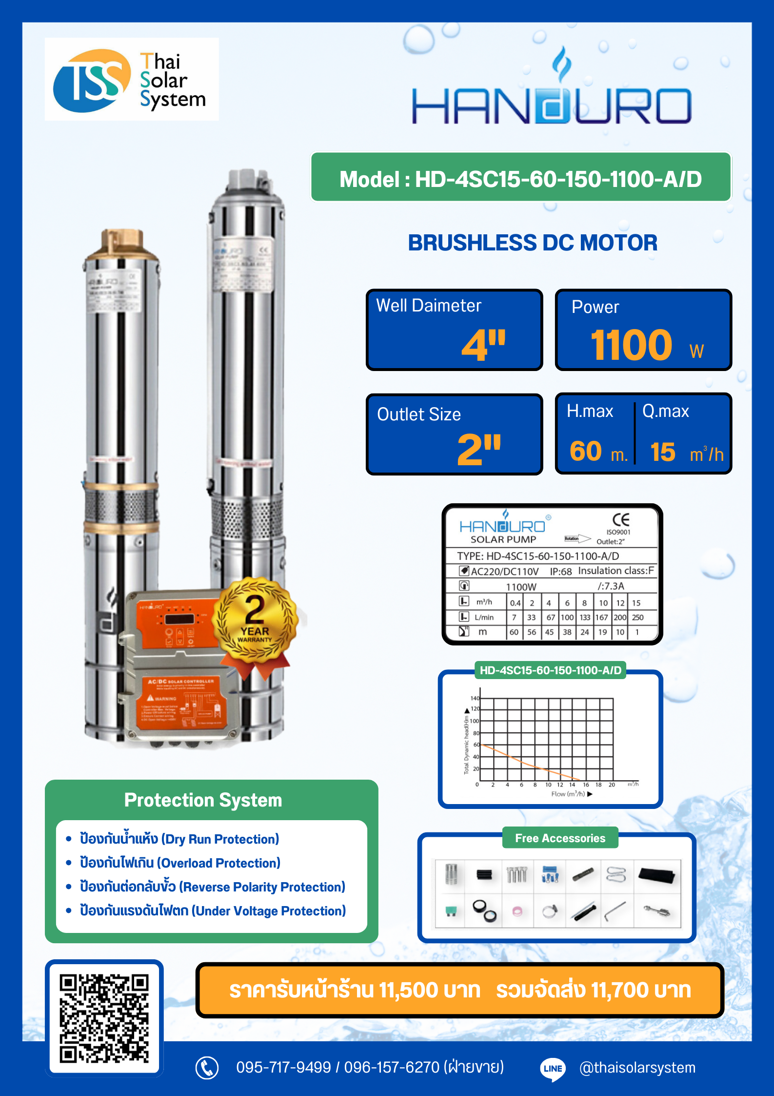 ปั๊มบาดาล AC/DC ยี่ห้อ HANDURO ขนาด 1100W
