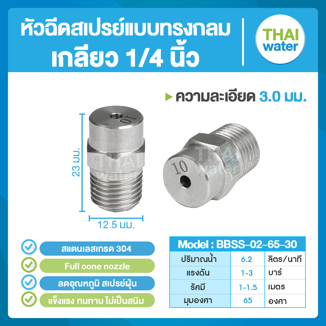 04-BBSS-02-6530 หัวฉีดสเปรย์แบบทรงกลม สแตนเลส เกรด 304 เกลียว 1/4 '' 3.0 มม. 65 องศา Full cone nozzle