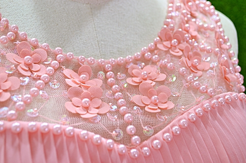 พร้อมส่ง S-3XL ชุดราตรีสั้น "สีโอรส" ปักมุขและดอกไม้ช่วงบน กระโปรงผ้าตาข่าย ร้อยชายกระโปรงด้วยเอ็น ซับในทั้งชุด