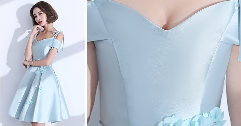 ชุดราตรีสั้น โอบไหล่ สีฟ้า Size L แต่งดอกไม้ช่วงเอว ผ้าไหมดัชเชส งานร้อยหลัง