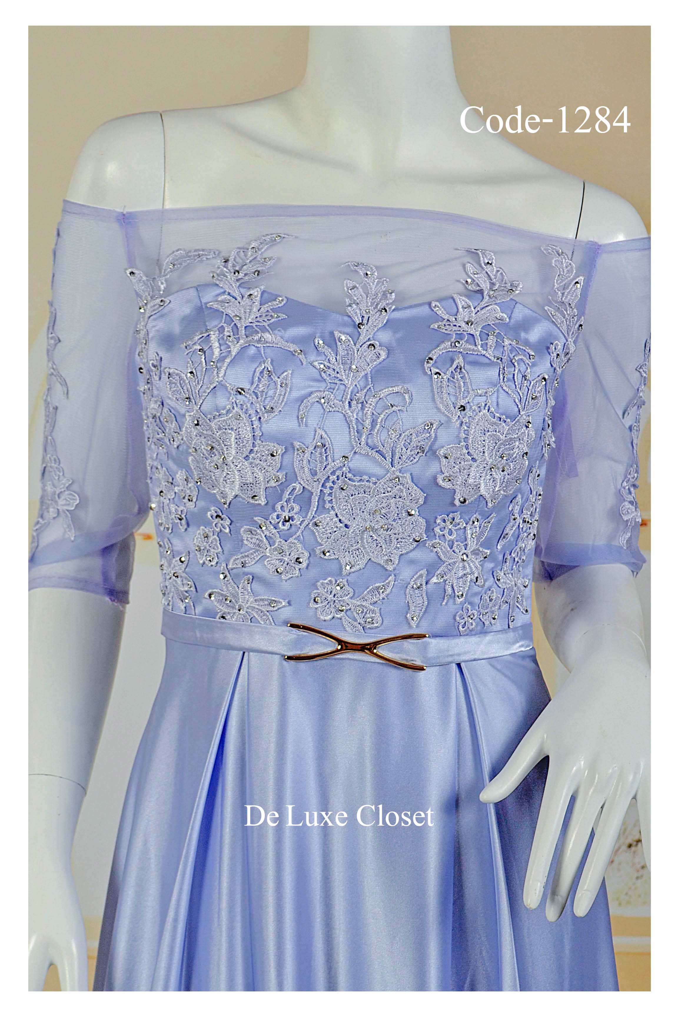 พร้อมส่ง Size XL ชุดราตรียาว ไหล่ปาด ซีทรู กระโปรงผ้าซาติน ดีไซด์เรียบหรู