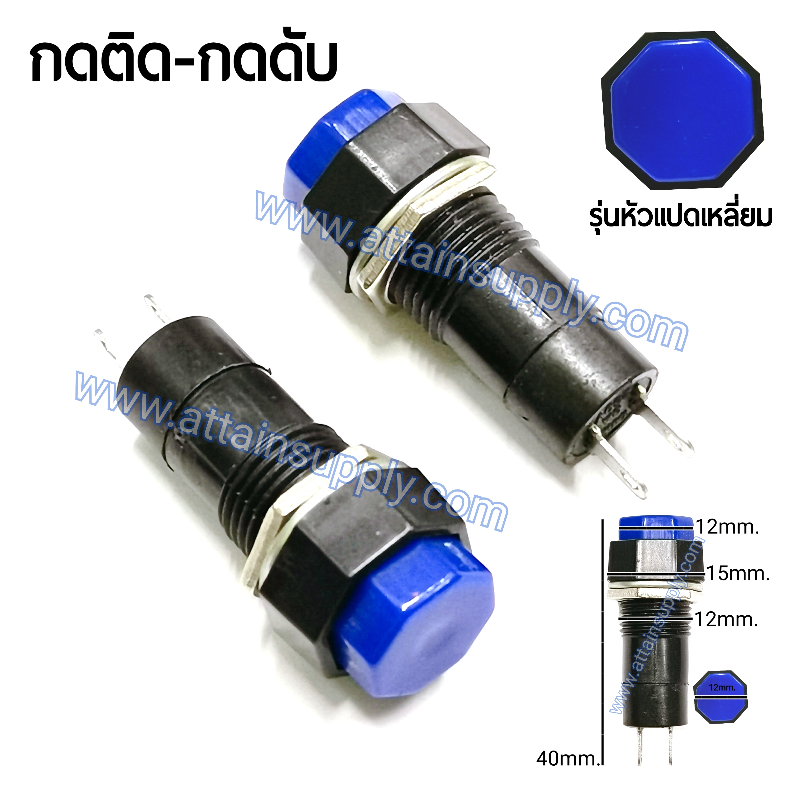 สวิทช์ กดติด-กดดับ/หัวแปดเหลี่ยม ฐานกลมแกนยาว-สีน้ำเงิน