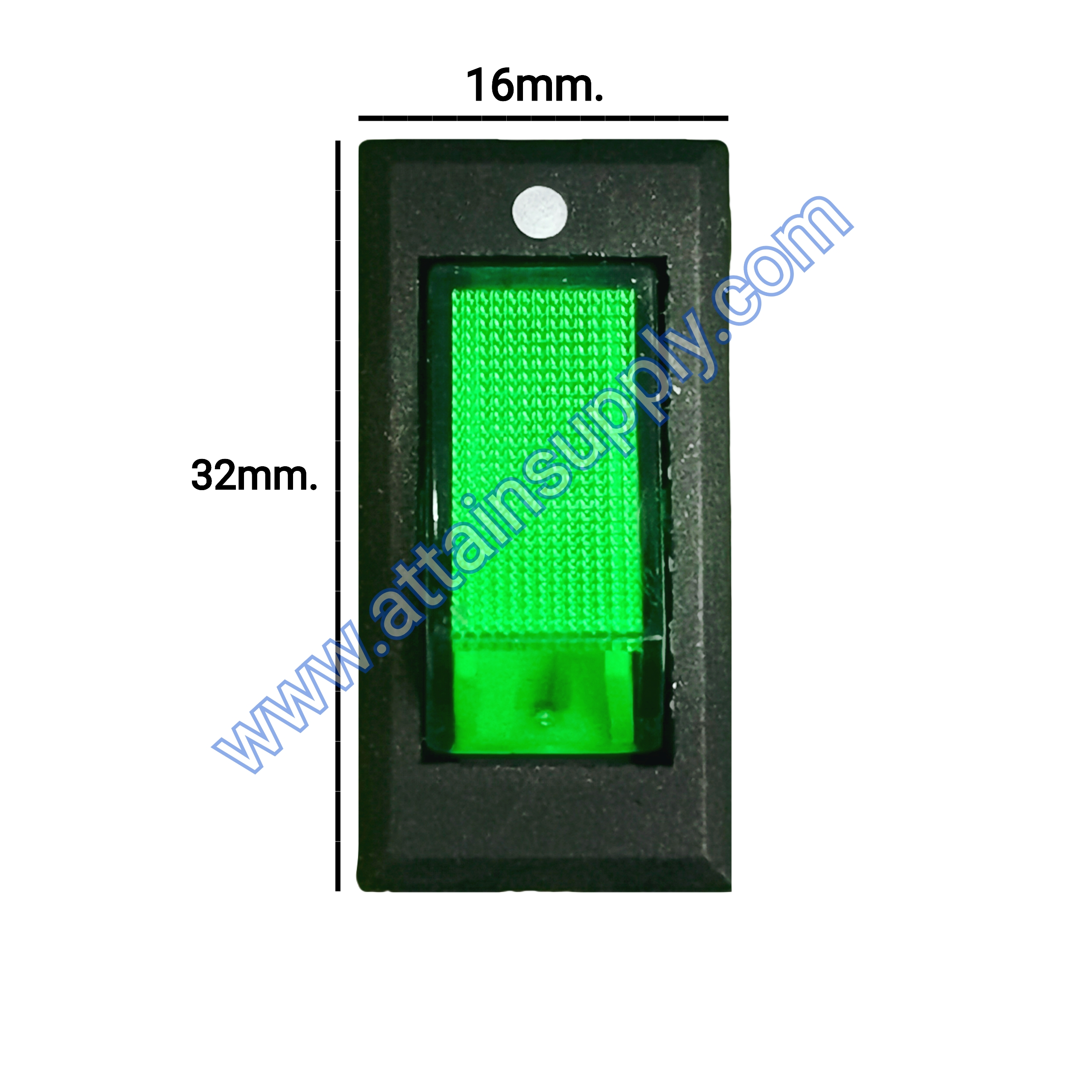 สวิทช์ ขอบจุดขาว-เหลี่ยมบาง 24V./3ขา มีไฟ-สีเขียว