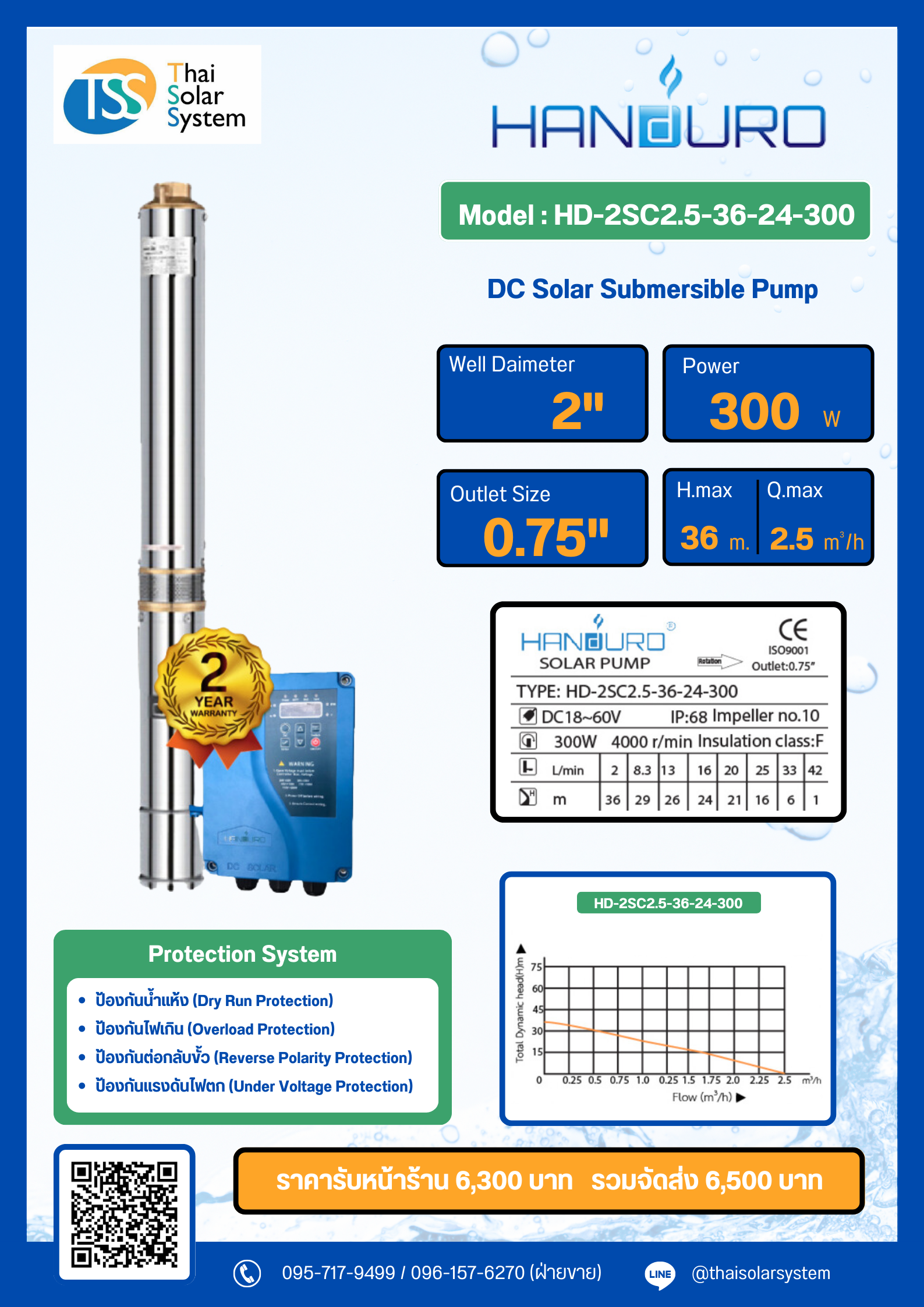 ปั๊มบาดาล DC ยี่ห้อ HANDURO ขนาด 300W