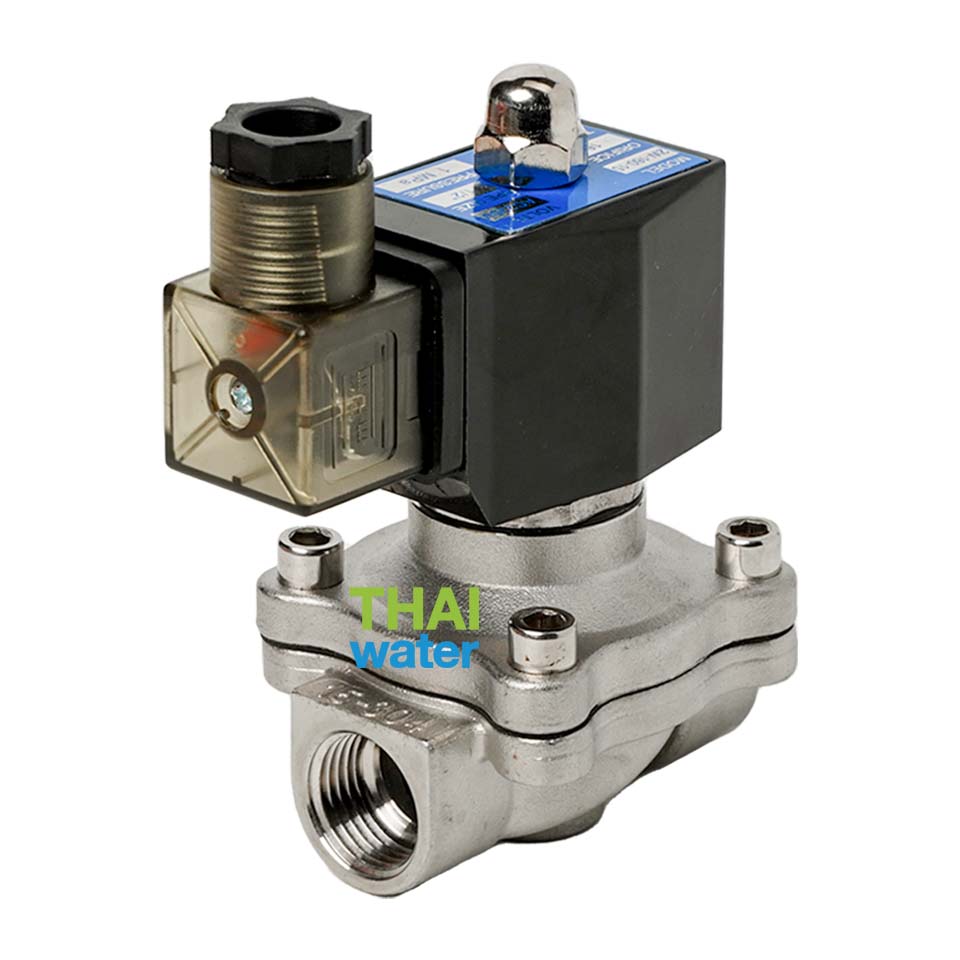 โซลินอยด์วาล์ว วาล์วไฟฟ้า วาวล์น้ำ วาล์วลม วาล์วสแตนเลส N/C 1/2" 220VAC Brand SILVERTEC แบบปกติปิด (N/C) เงิน