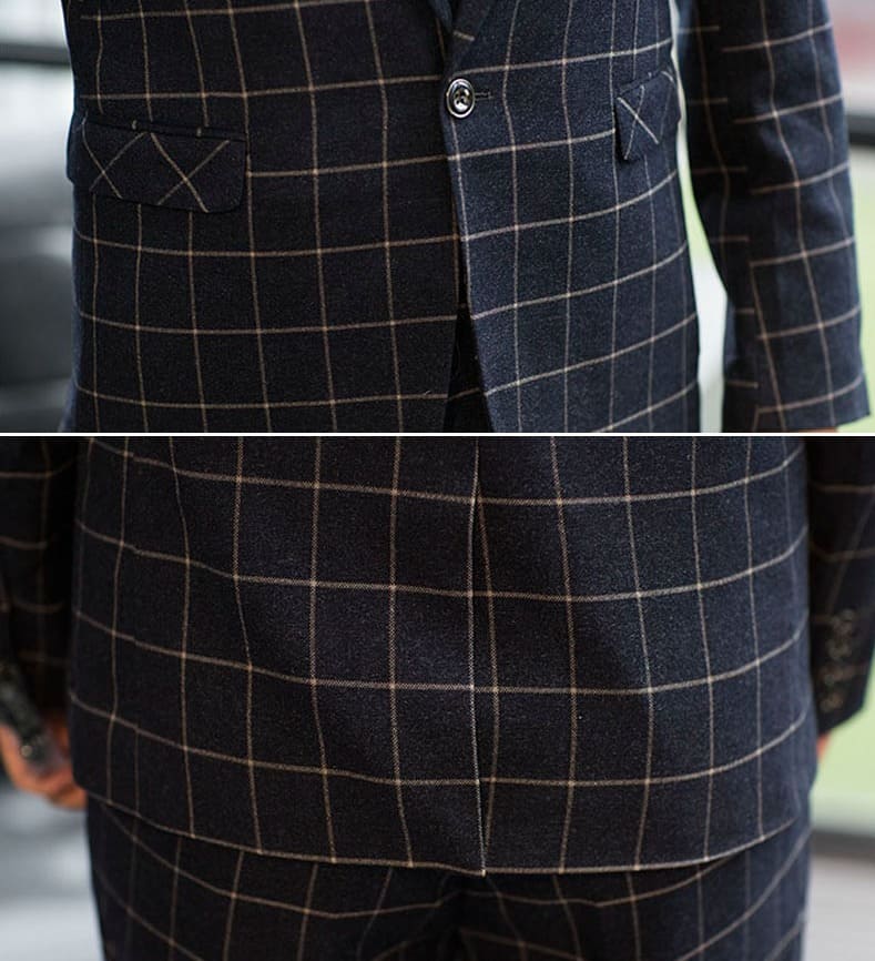 สูท,ชุดสูทเจ้าบ่าว,สูทผู้ชาย ลายสก๊อตเทาเข้ม พร้อมส่ง M (3ชิ้น)
