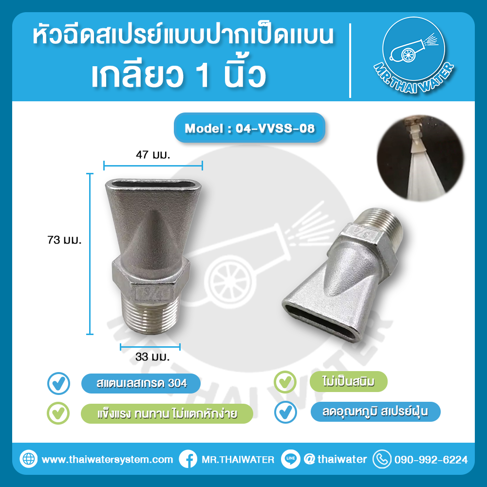 หัวฉีดสเปรย์ปากเป็ดแบน 04-VVSS-08 เกลียว 1" สแตนเลส 304 สำหรับงานอุตสาหกรรม