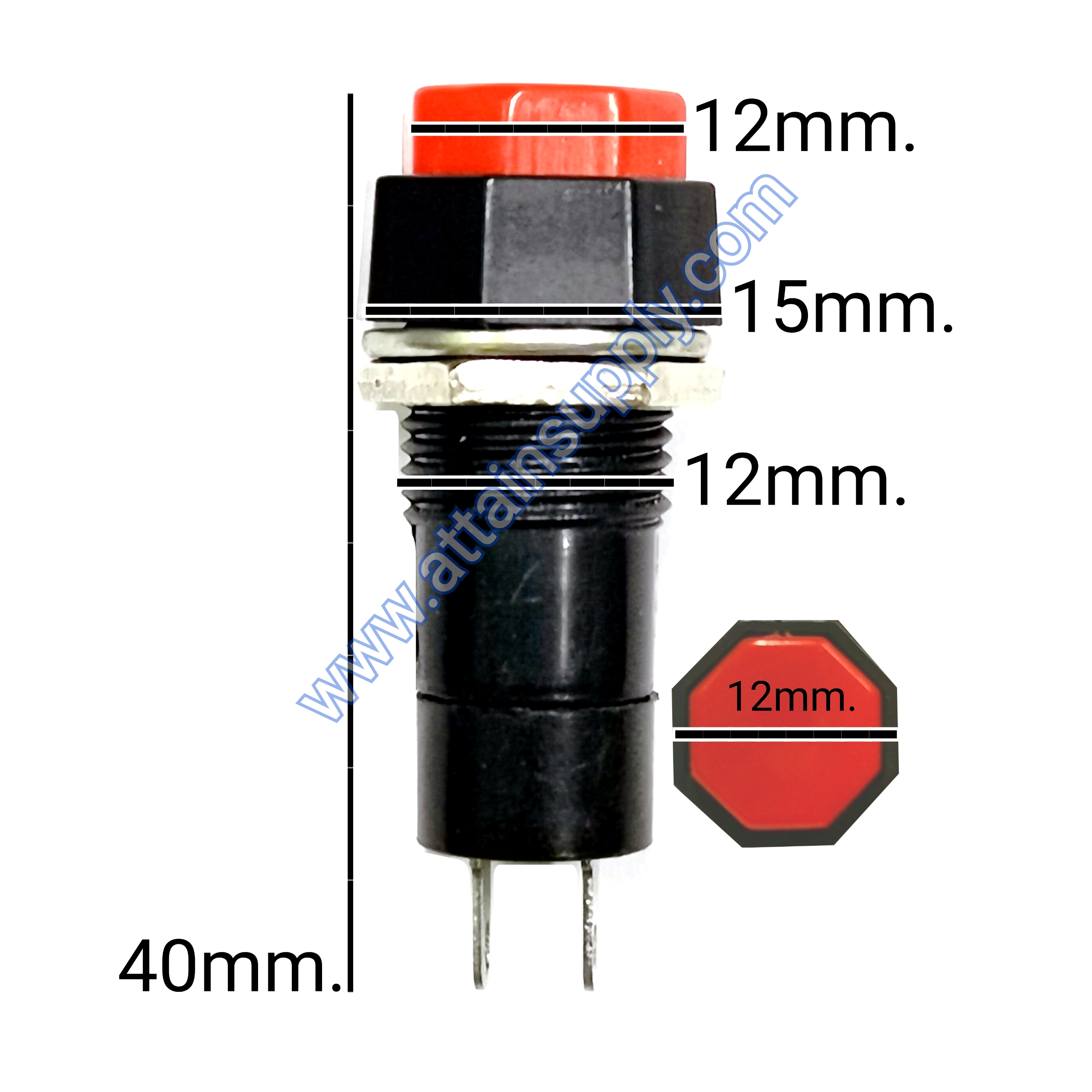 สวิทช์ กดติด-กดดับ/หัวแปดเหลี่ยม *ฐานล่างแบบกลมแกนยาว-สีแดง