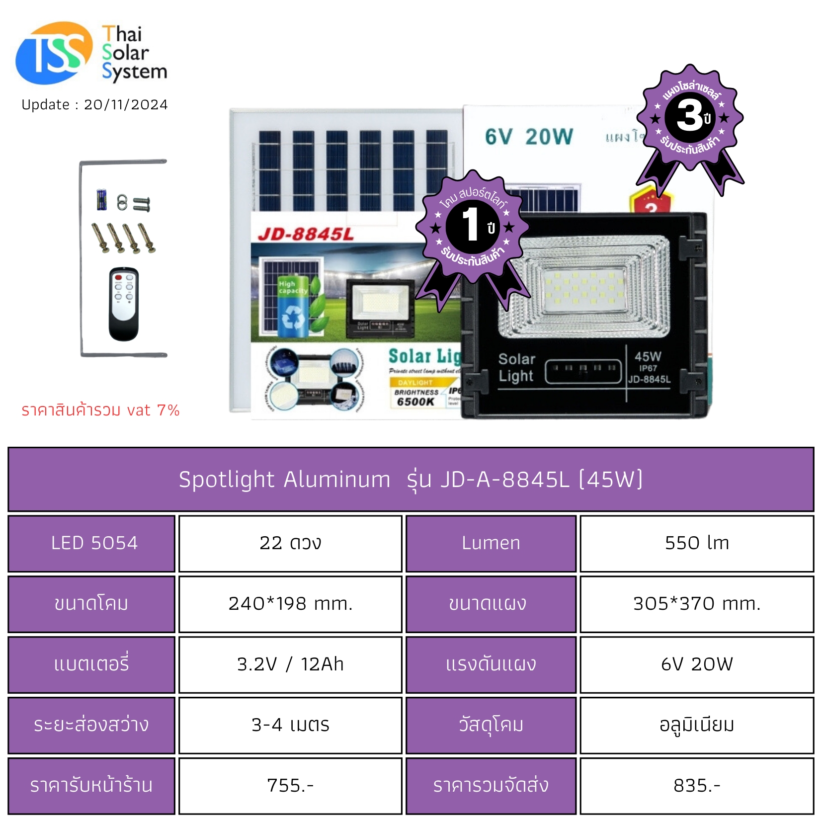 Spot Light โซล่าเซลล์ JD-A-8845L ขนาด 45w