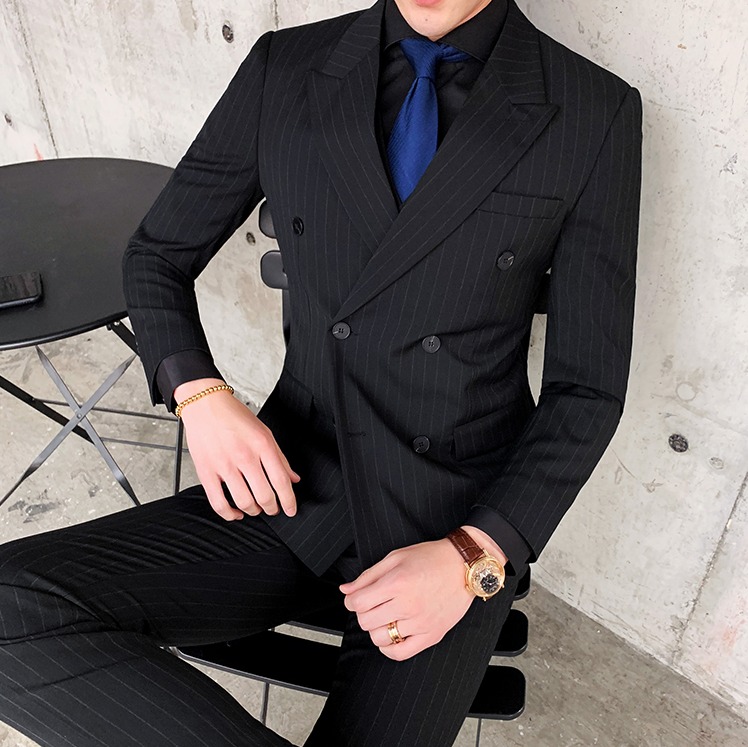 ชุดสูทชาย สีดำ ลายริ้ว รุ่น6กระดุม 3ชิ้น สูท+เสื้อกั๊ก+กางเกง พร้อมส่ง XL