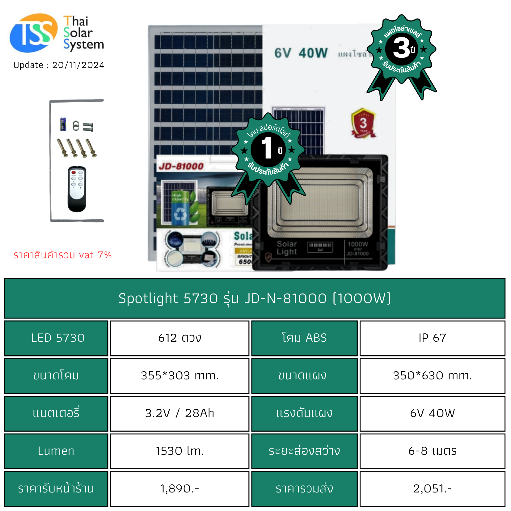 Spot Light โซล่าเซลล์ JD-N-81000 chip 5730 ขนาด 1000w (ประกัน 1 ปี)