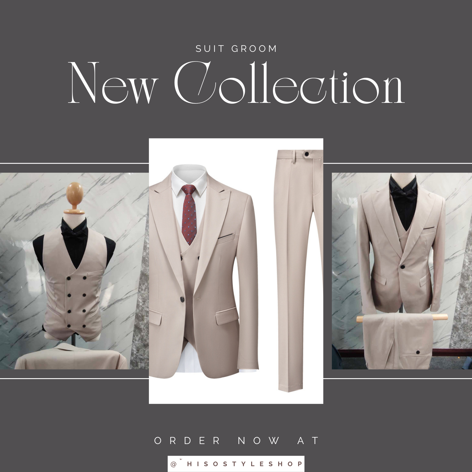 รุ่นใหม่ สูทพรีเมี่ยม / สูทเจ้าบ่าว สีครีมเบจ เซต3ชิ้น พร้อมส่ง 2XL