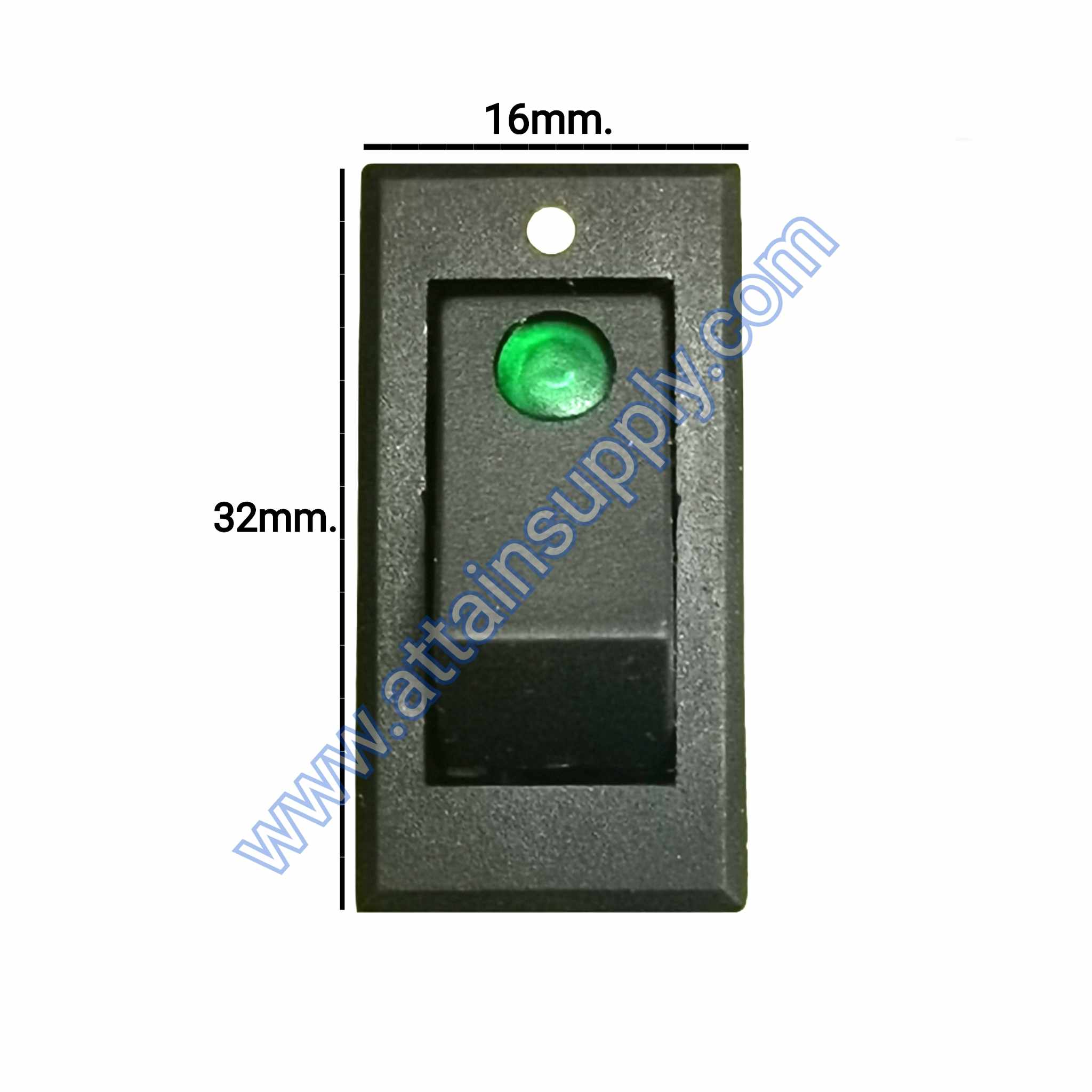 สวิทช์ ไฟจุด-เหลี่ยมบาง 220V./3ขา มีไฟ-สีเขียว(ขอบจุดขาว)