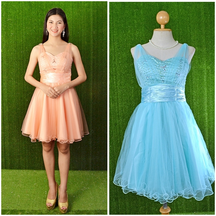 พร้อมส่ง S-2XL ชุดราตรีสั้น "สีฟ้า" ปักคริสตัลช่วงบน กระโปรงผ้าตาข่าย ซับในทั้งชุด