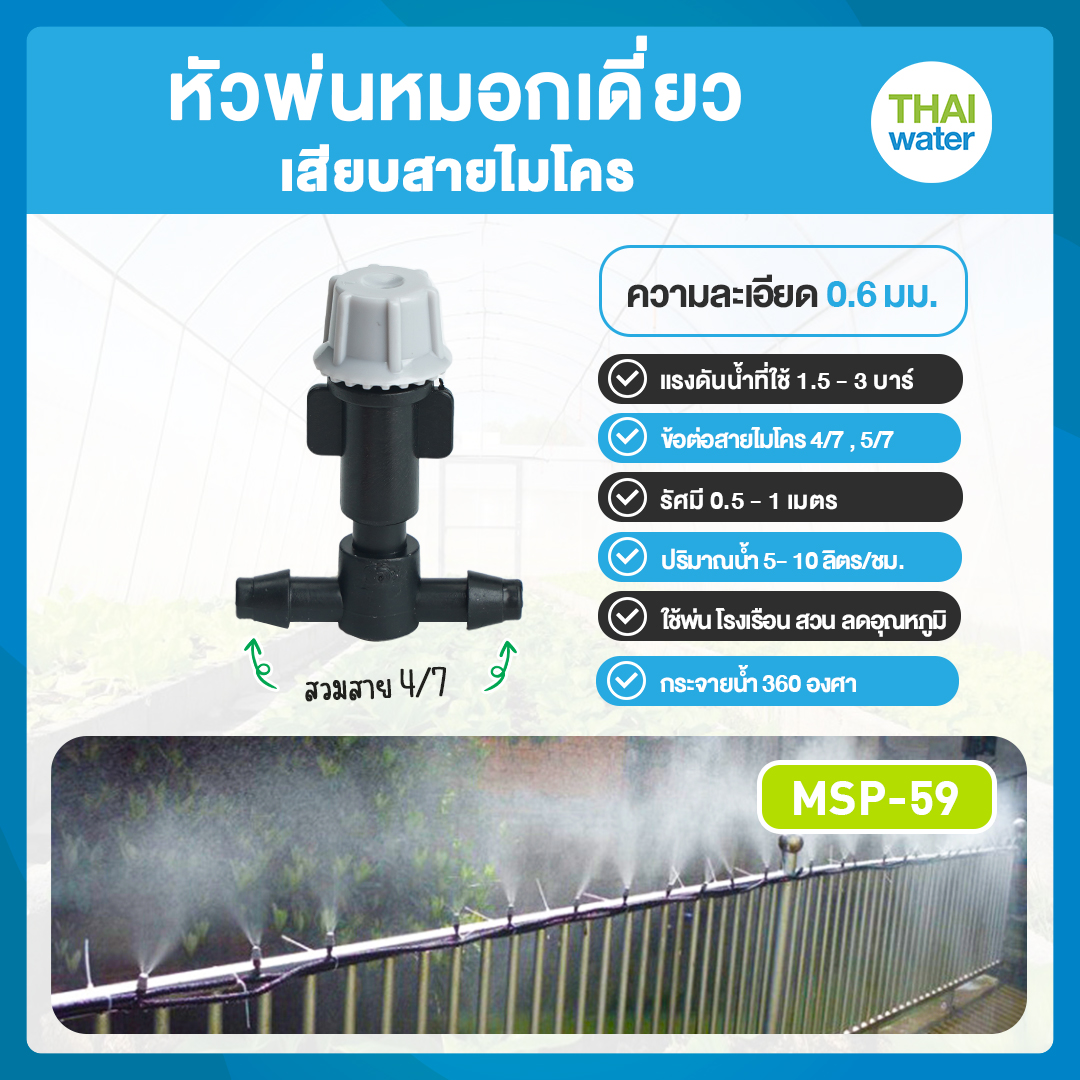 MSP-59 หัวพ่นหมอกเดี่ยว สีเทา+ข้อต่อ 3 ทาง เสียบสายไมโคร 4/7 ความละเอียด 0.6 มม.