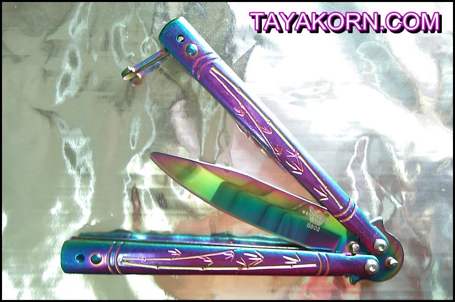 มีดซ้อมควง บาลีซองใบไผ่สีรุ้ง Rainbow Bamboo Balisong Trainer TKBS-RB19TR