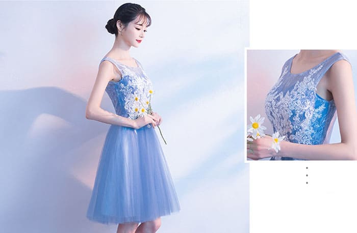 เดรสสั้น แขนกุด สีฟ้า ลุกไม้สีขาว กระโปรงผ้าตาข่ายนิ่ม งานร้อยหลัง พร้อมส่ง M,L,XL