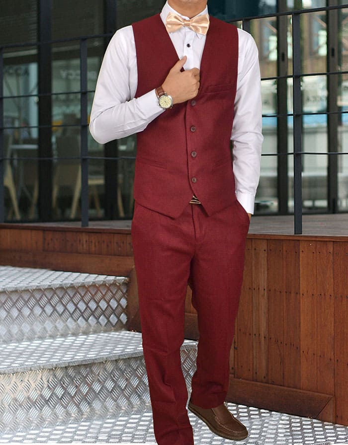 สูทเจ้าบ่าว เกรดพรีเมี่ยม สีไวน์แดง ปกดำเงา Size L (สูท+เสื้อกั๊ก+กางเกง)