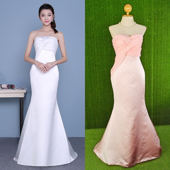ชุดราตรียาว หางปลา สีโอรส พร้อมส่ง Size M-L ผ้าไหมซาติน หางลากยาว งานร้อยหลัง
