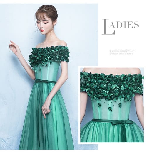 ชุดราตรีสั้น เปิดไหล่ แขนสั้น สีเขียว พร้อมส่ง XL