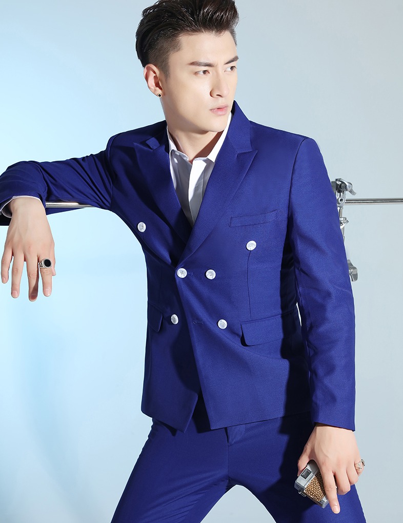 สูท,ชุดสูทเจ้าบ่าว,สูทผู้ชาย สีน้ำเงิน กระดุม 6 เม็ด พร้อมส่ง S,XL,2XL