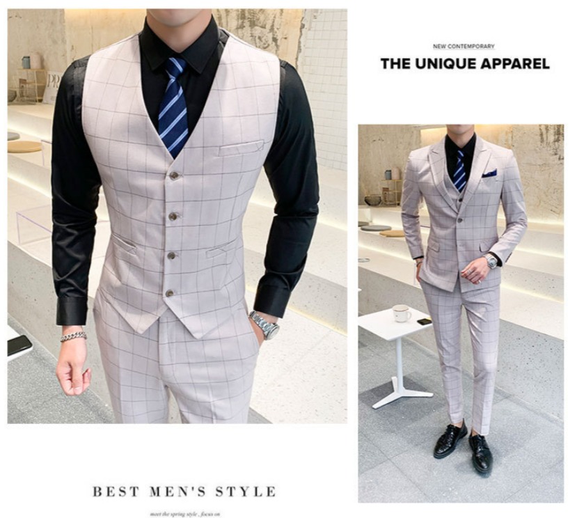 สูทชาย ลายสก๊อต สีครีมเบจ สไตล์เกาหลี (2ชิ้น) สูท+กางเกง พร้อมส่ง L,XL