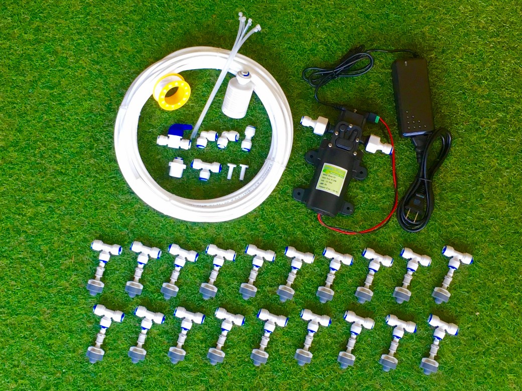 SAVE SET 4 ชุดพ่นหมอก 20 หัวพ่นหมอกเนต้าฟิล์ม 0.6 mm. + สายพ่นหมอก 20 เมตร ( ใช้ได้ทั้งแบตเตอรี่และไฟบ้าน 220 โวลต์ )