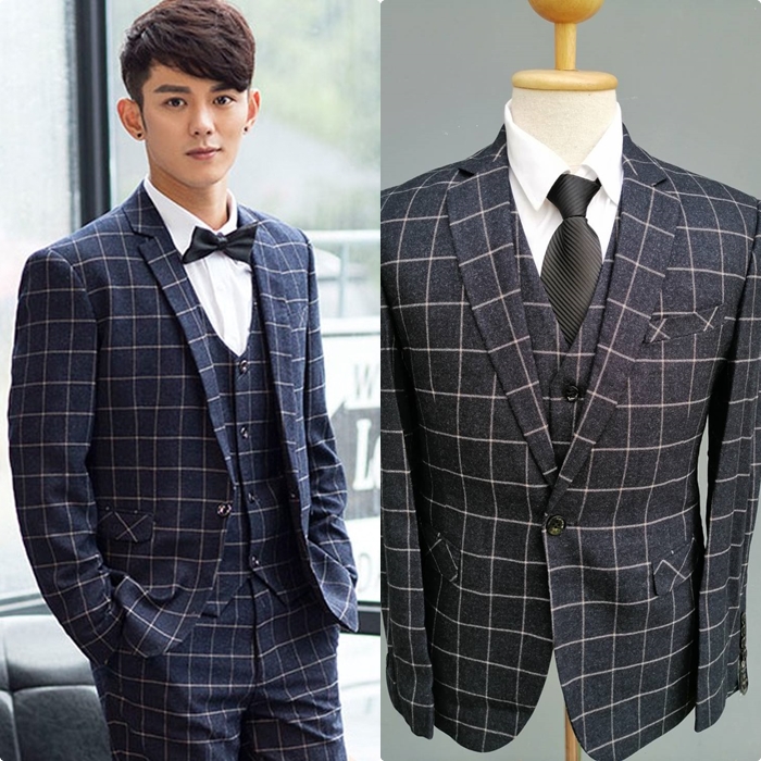สูทชาย ลายสก๊อต สีกรม สไตล์เกาหลี