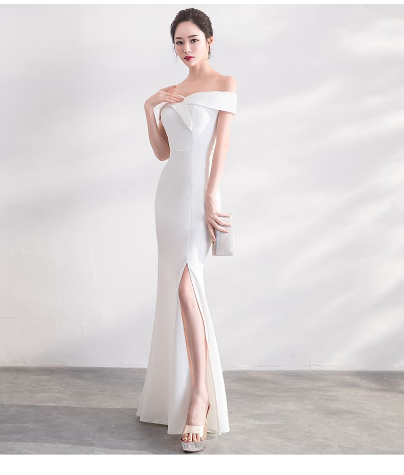 ชุดราตรียาว ไหล่ปาด สีขาว ซิปหลัง แบบเรียบหรู พร้อมส่ง XL