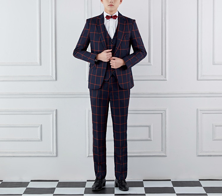 ชุดสูท สีกรมลายสก๊อต 3ชิ้น สูท+กั๊ก+กางเกง พร้อมส่ง XL