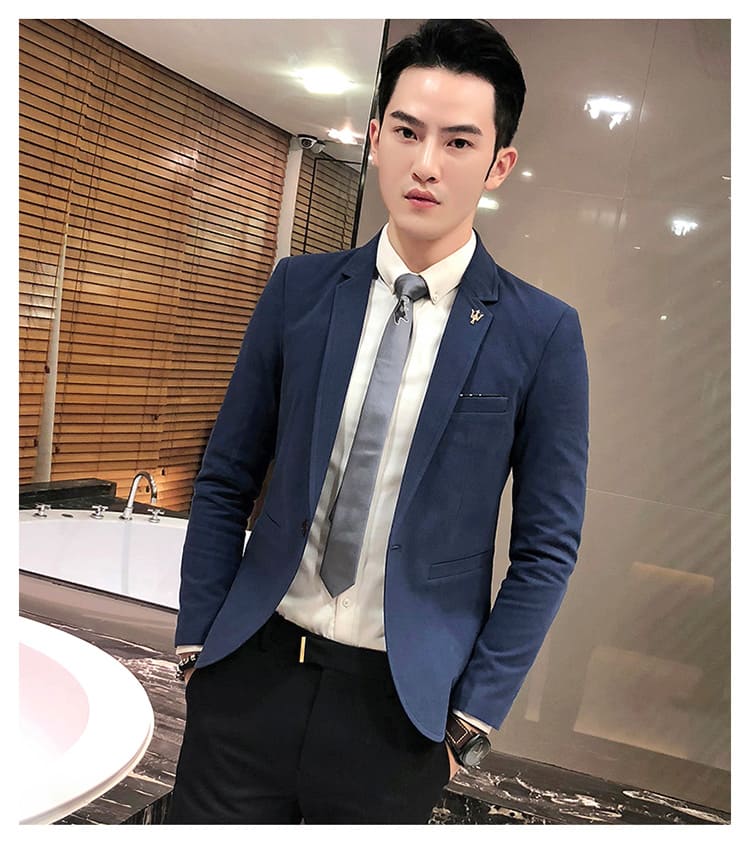 เสื้อสูทเกรด A สีน้ำเงิน ผ้าคอตตอน พร้อมส่ง L