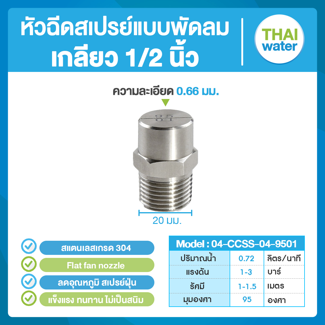 04-CCSS-04-9501 หัวฉีดสเปรย์แบบพัดลม สแตนเลส เกรด 304 เกลียว 1/2" 0.66 มม.95 องศา Flat fan nozzle