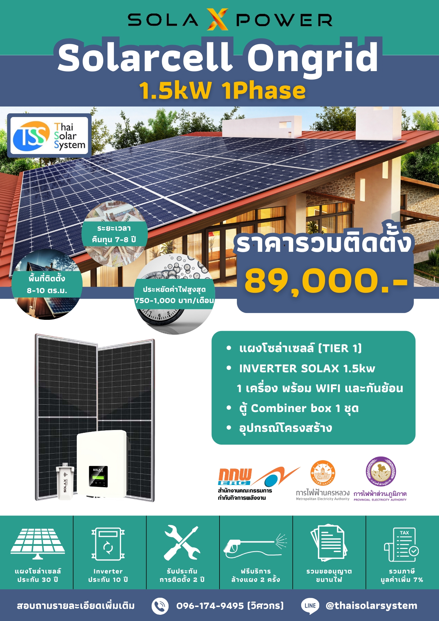 ชุด Ongrid Solax 1.5K พร้อมติดตั้ง