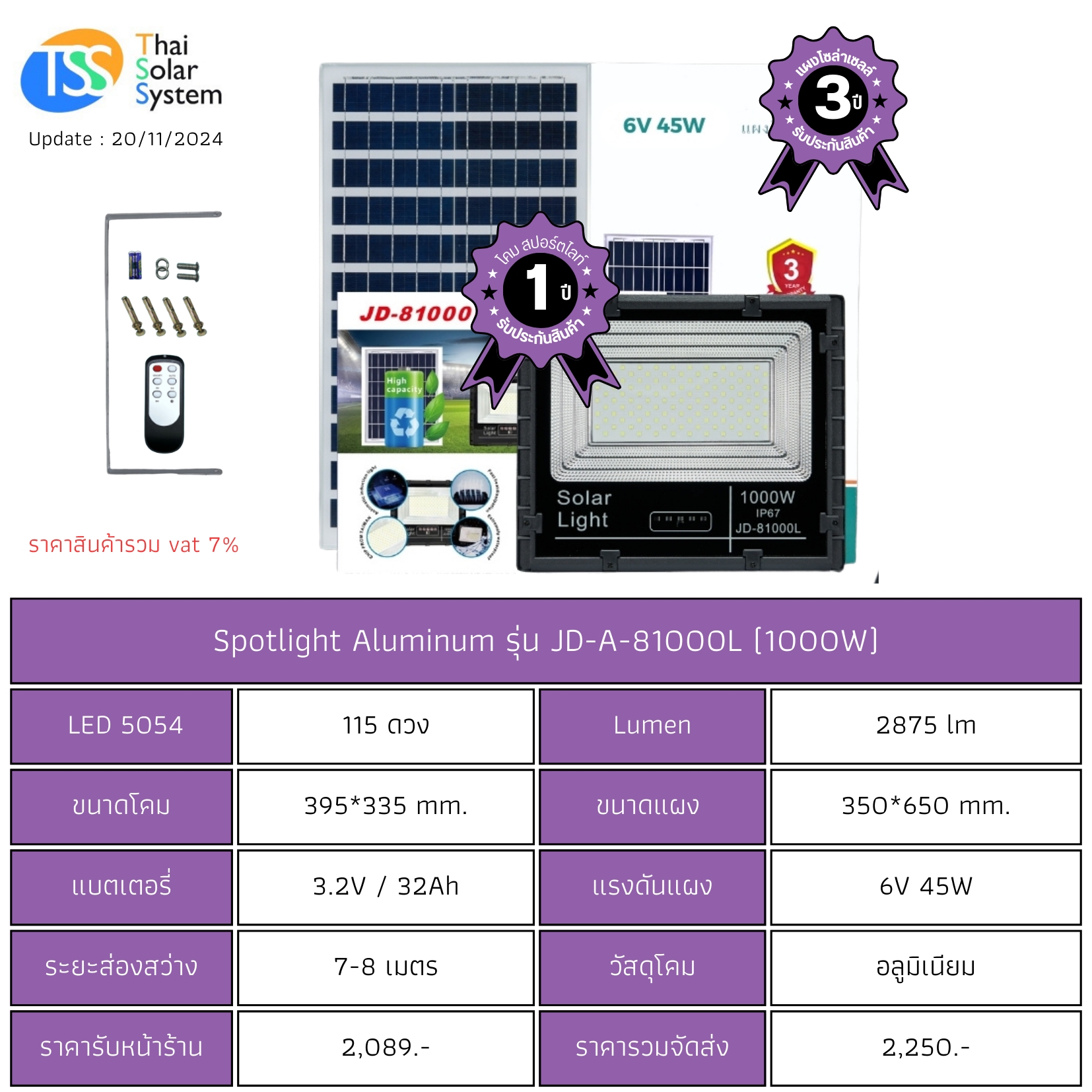 Spot Light โซล่าเซลล์ JD-A-81000L ขนาด 1000w