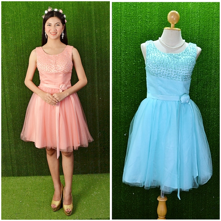 พร้อมส่ง S-3XL ชุดราตรีสั้น "สีฟ้ามินต์" แขนกุด ปัดช่วงอก แต่งดอกไม้ที่เอว กระโปรงตาข่ายอย่างดี
