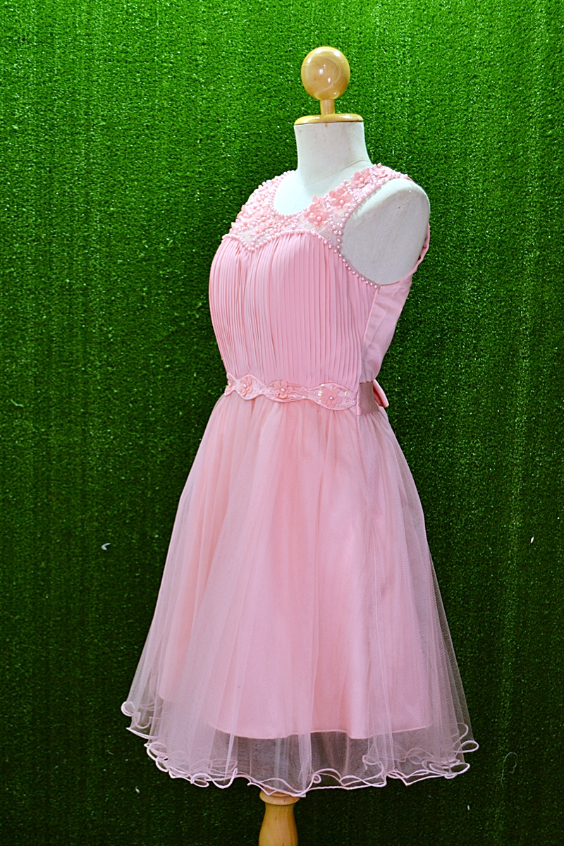 พร้อมส่ง S-3XL ชุดราตรีสั้น "สีโอรส" ปักมุขและดอกไม้ช่วงบน กระโปรงผ้าตาข่าย ร้อยชายกระโปรงด้วยเอ็น ซับในทั้งชุด