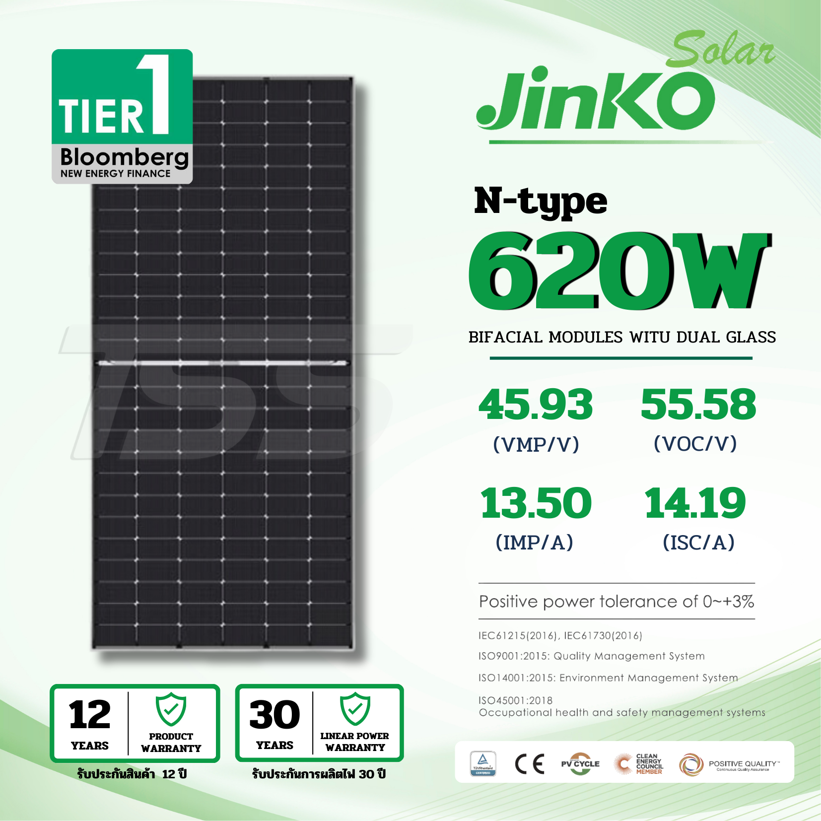 แผงโซล่าเซลล์ 620W Mono Jinko Half N-Type 2Glass (รับสินค้าหน้าร้านเท่านั้น)